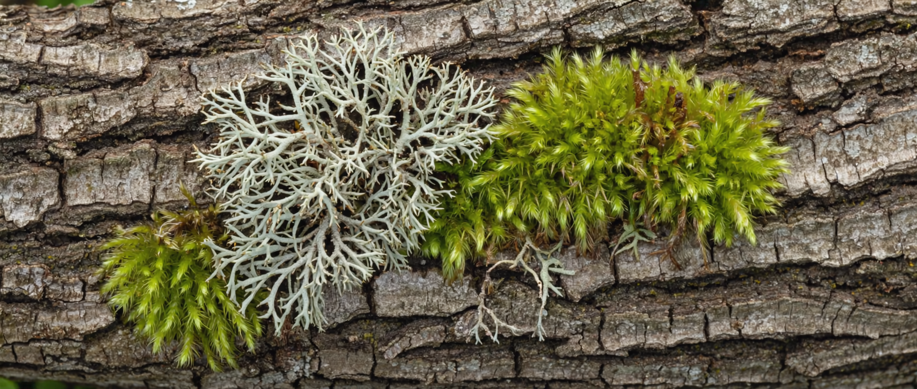 Detailaufnahme von Moosen und Flechten auf einem alten Baumstamm im Wald